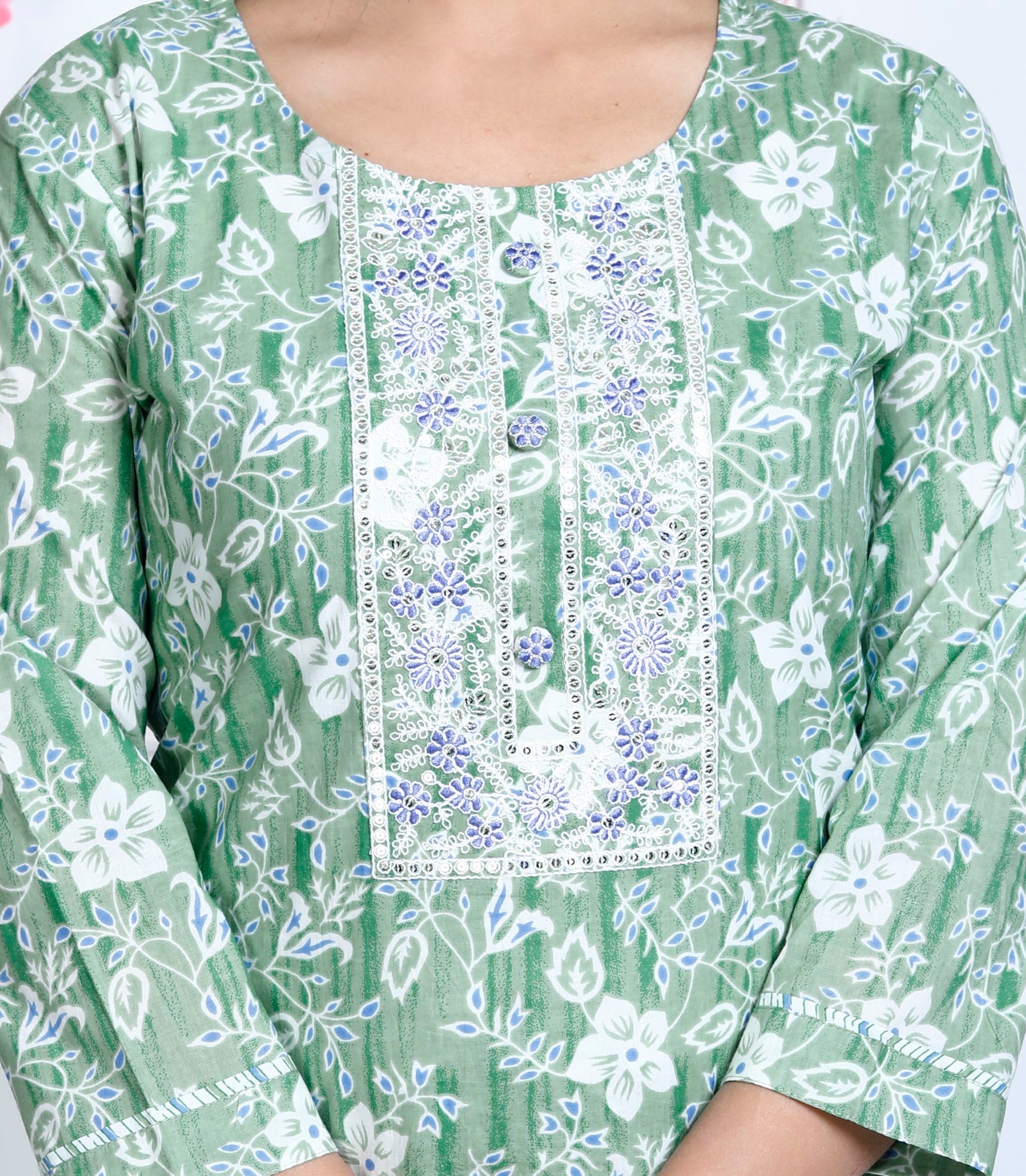 Green Cotton Printed Embroidered Kurta Pant Set with Dupatta-1113