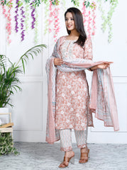 Peach Cotton Printed Embroidered Kurta Pant Set with Dupatta-1113