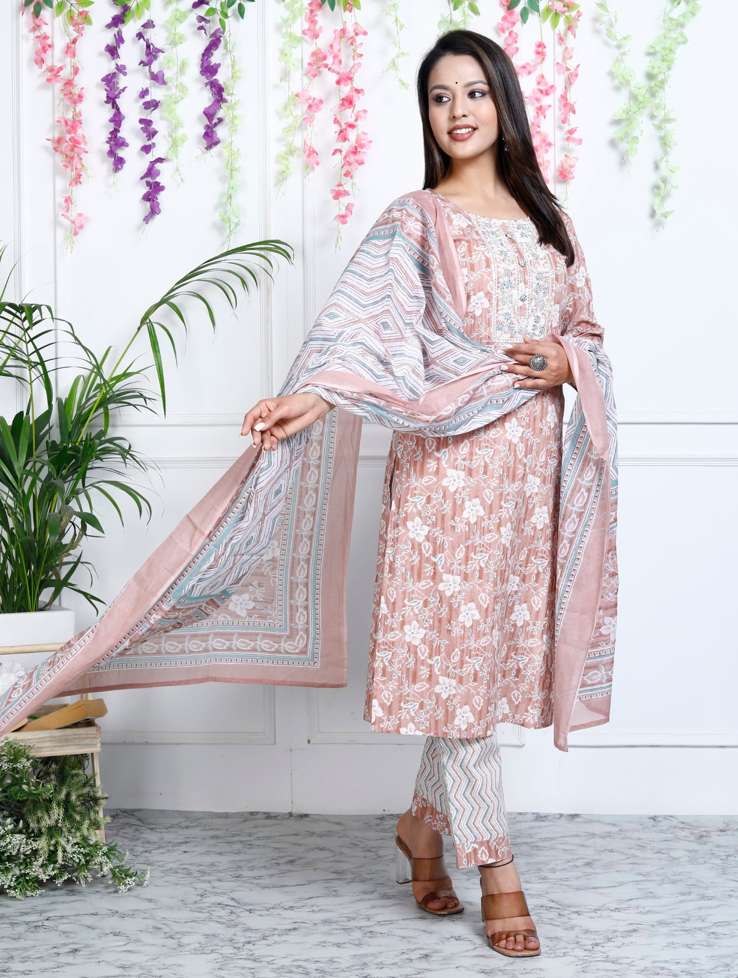 Peach Cotton Printed Embroidered Kurta Pant Set with Dupatta-1113