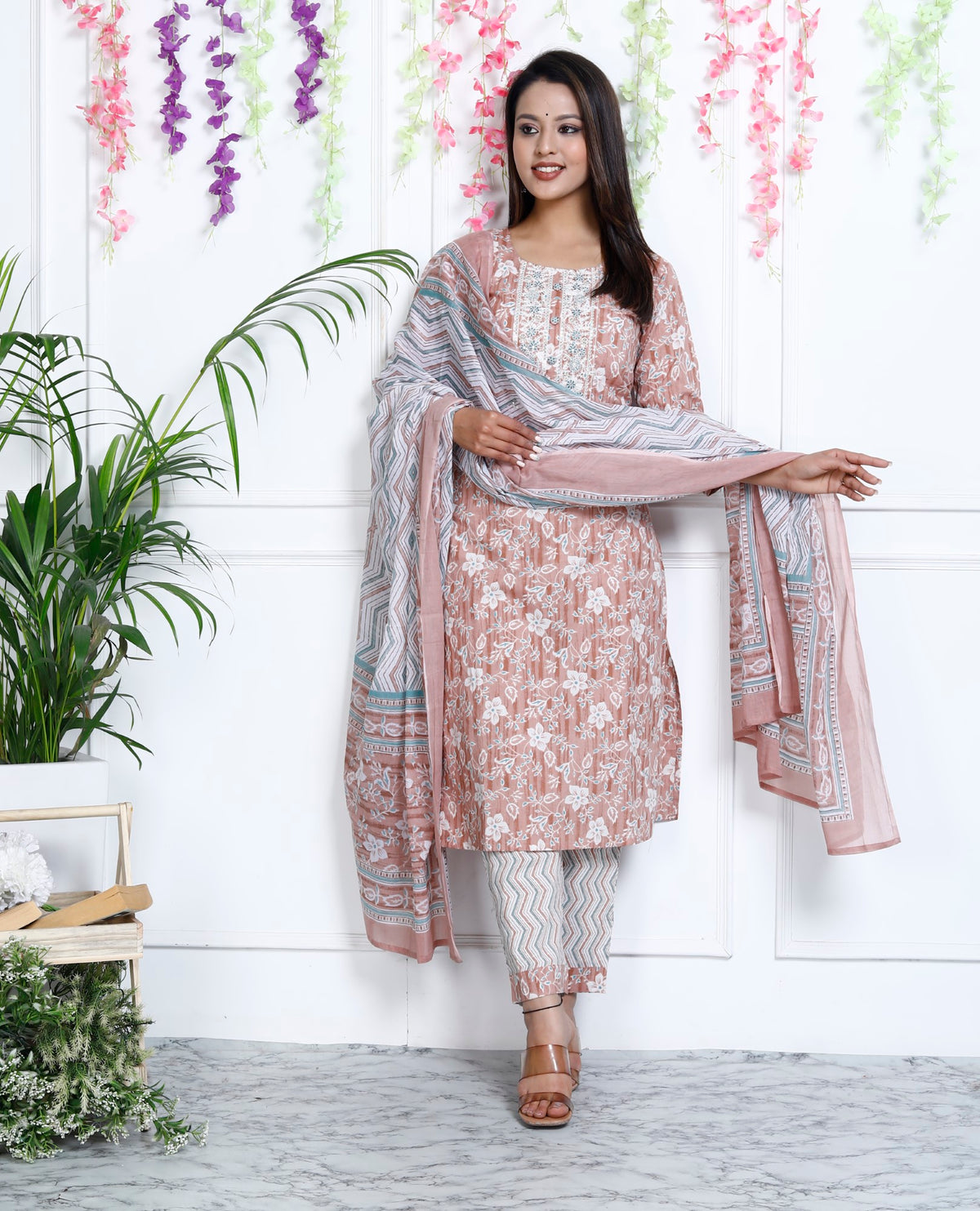 Peach Cotton Printed Embroidered Kurta Pant Set with Dupatta-1113