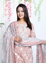 Peach Cotton Printed Embroidered Kurta Pant Set with Dupatta-1113