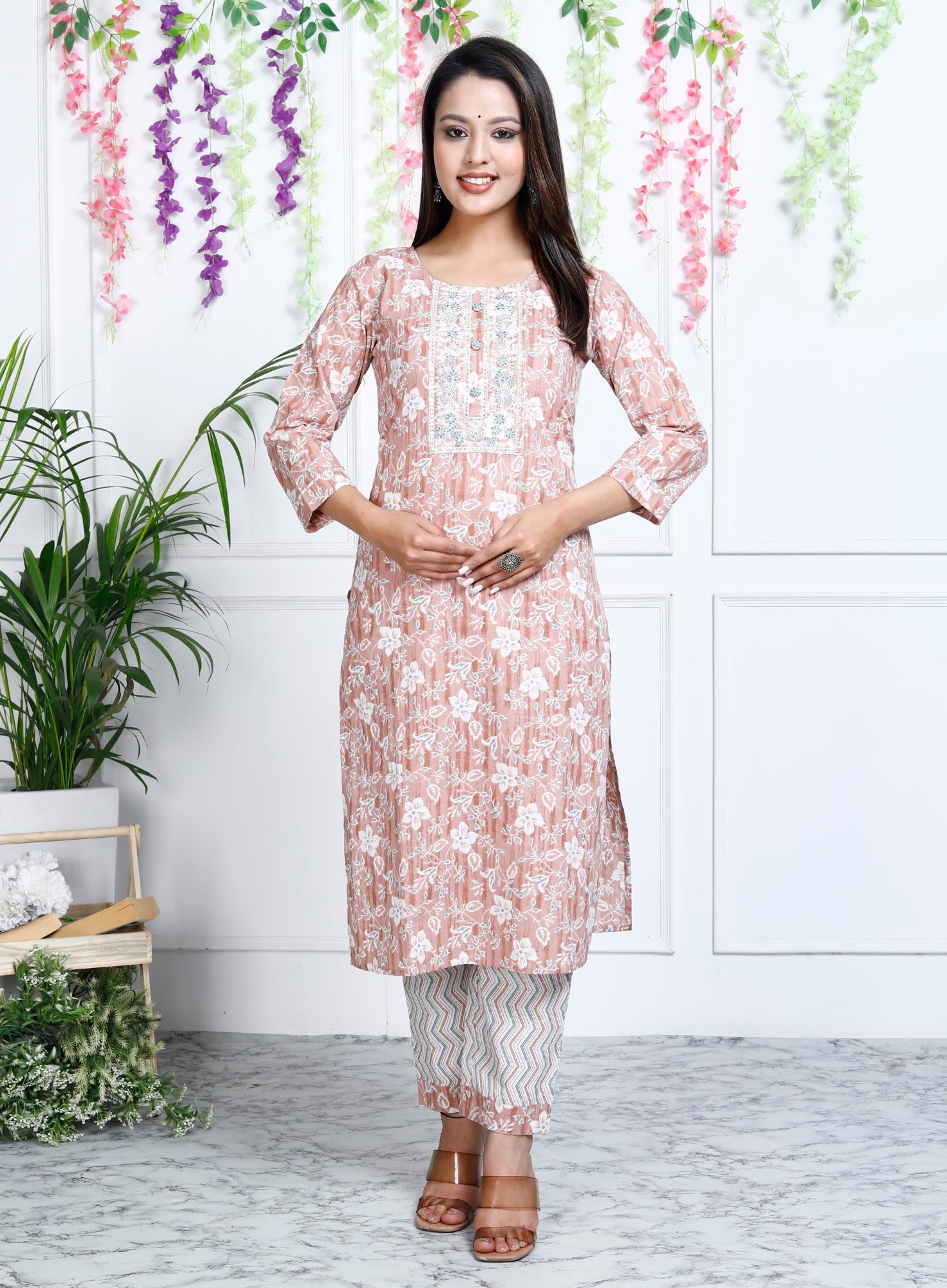 Peach Cotton Printed Embroidered Kurta Pant Set with Dupatta-1113