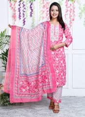 Pink Cotton Printed Embroidered Kurta Pant Set with Dupatta