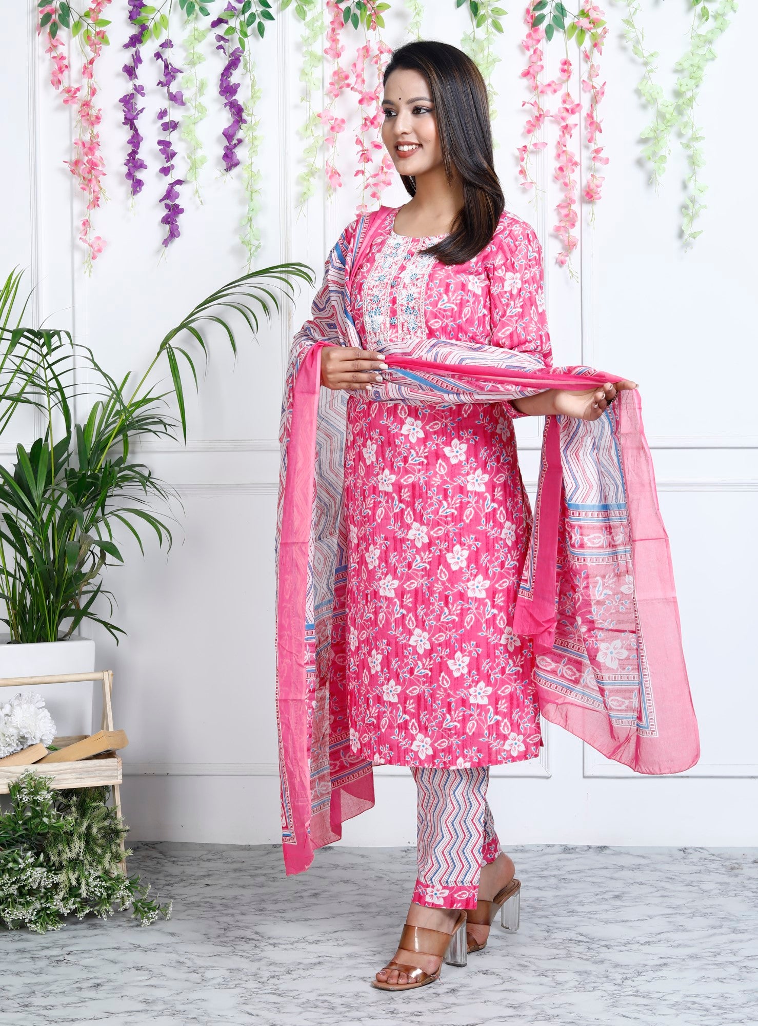 Pink Cotton Printed Embroidered Kurta Pant Set with Dupatta