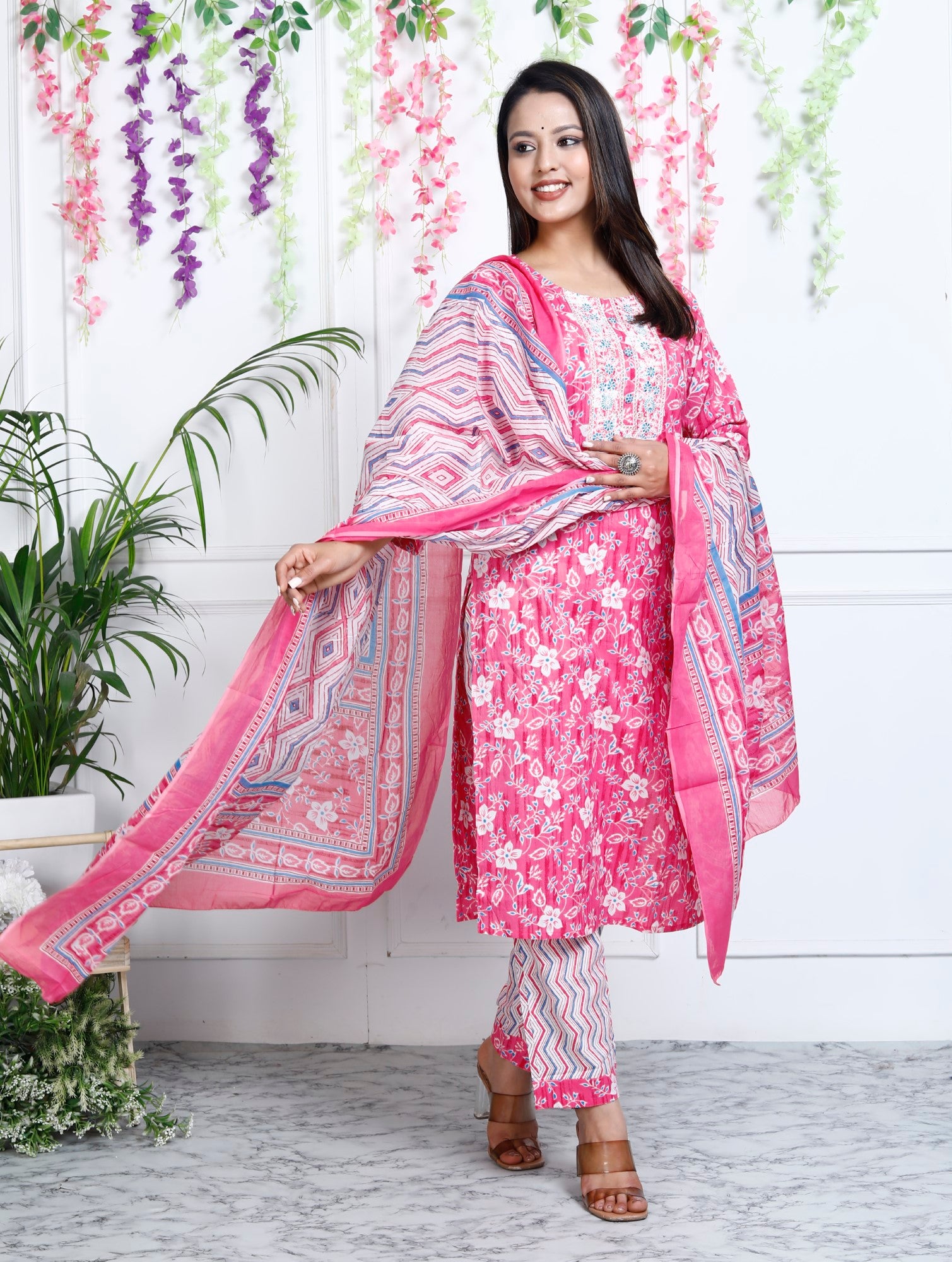 Pink Cotton Printed Embroidered Kurta Pant Set with Dupatta