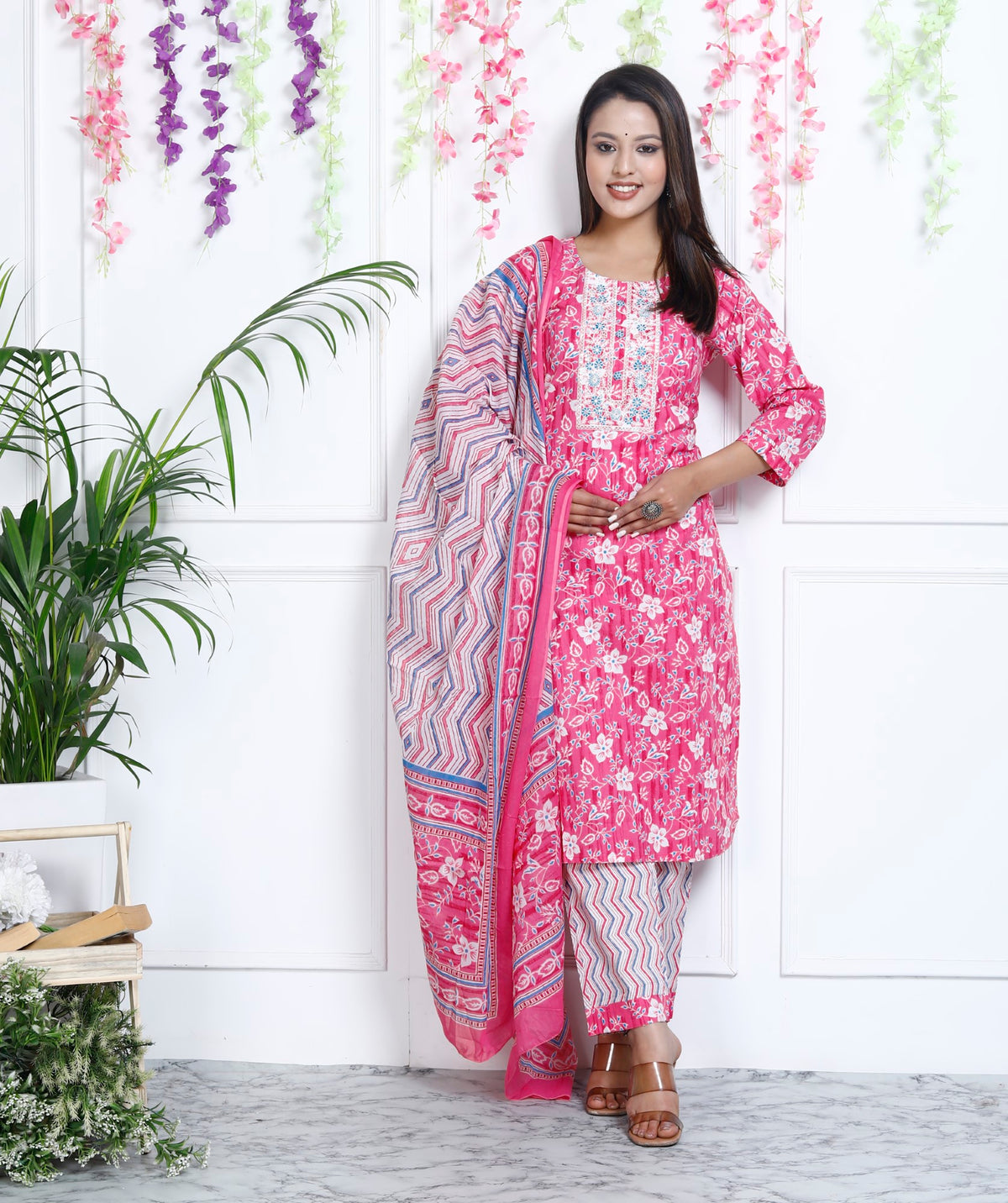 Pink Cotton Printed Embroidered Kurta Pant Set with Dupatta