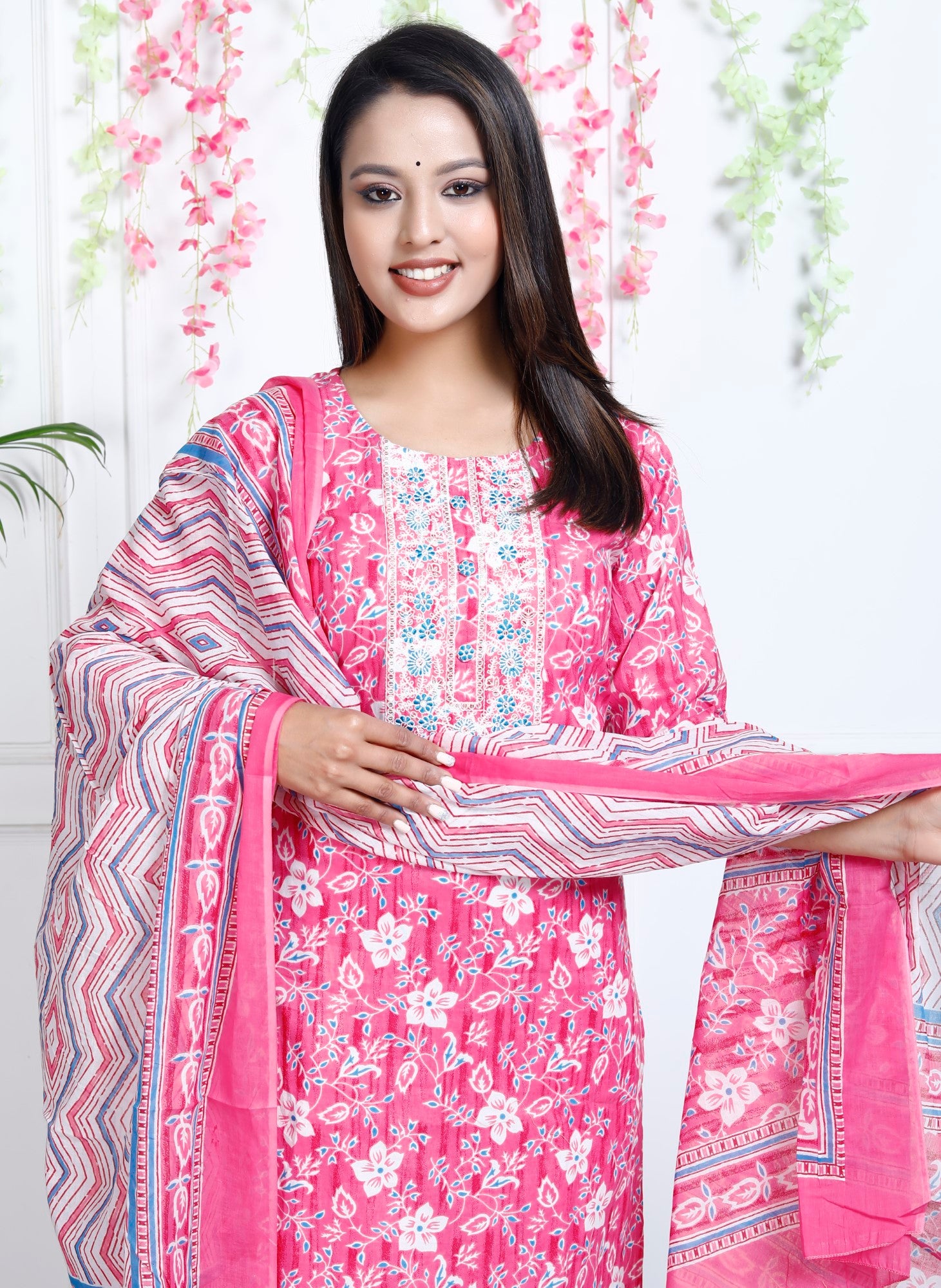 Pink Cotton Printed Embroidered Kurta Pant Set with Dupatta