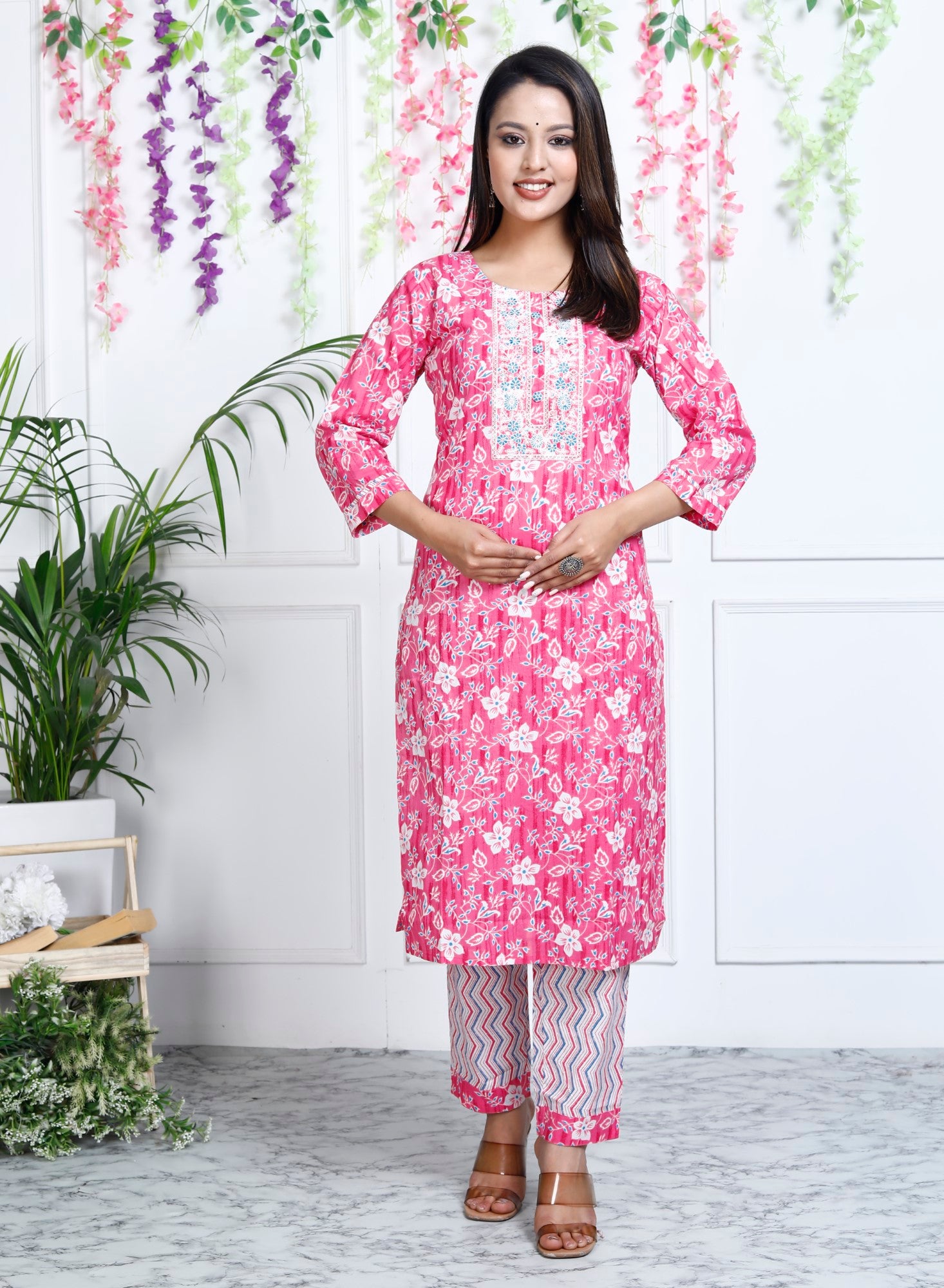 Pink Cotton Printed Embroidered Kurta Pant Set with Dupatta