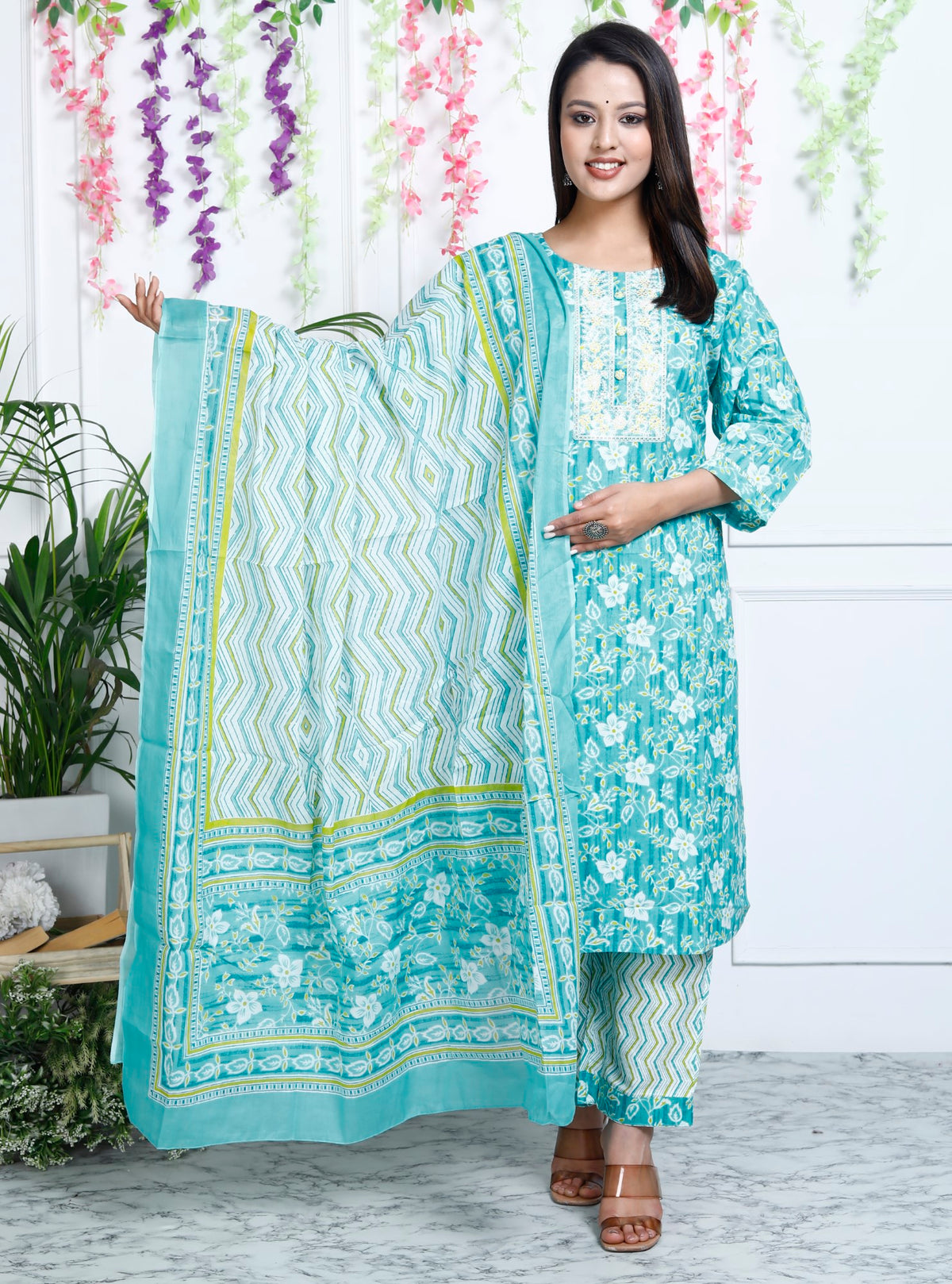 Turquoise Cotton Printed Embroidered Kurta Pant Set with Dupatta