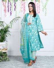 Turquoise Cotton Printed Embroidered Kurta Pant Set with Dupatta