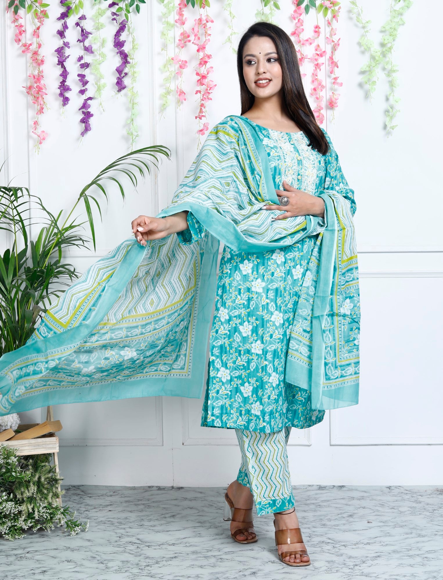 Turquoise Cotton Printed Embroidered Kurta Pant Set with Dupatta