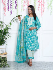 Turquoise Cotton Printed Embroidered Kurta Pant Set with Dupatta