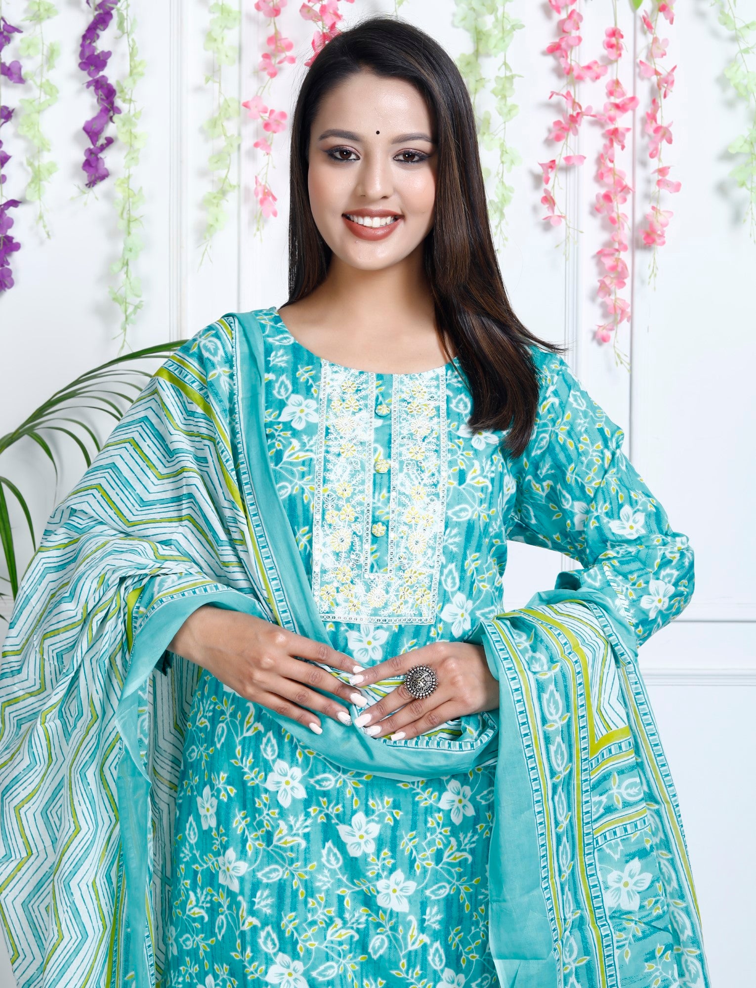 Turquoise Cotton Printed Embroidered Kurta Pant Set with Dupatta