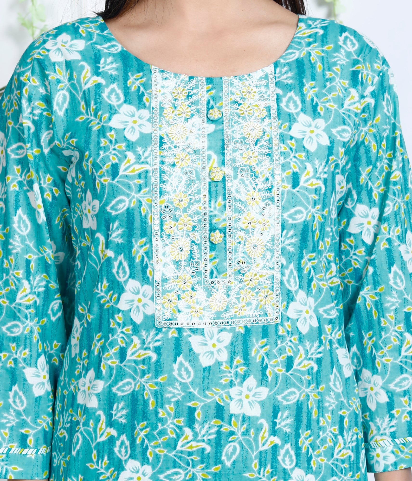 Turquoise Cotton Printed Embroidered Kurta Pant Set with Dupatta