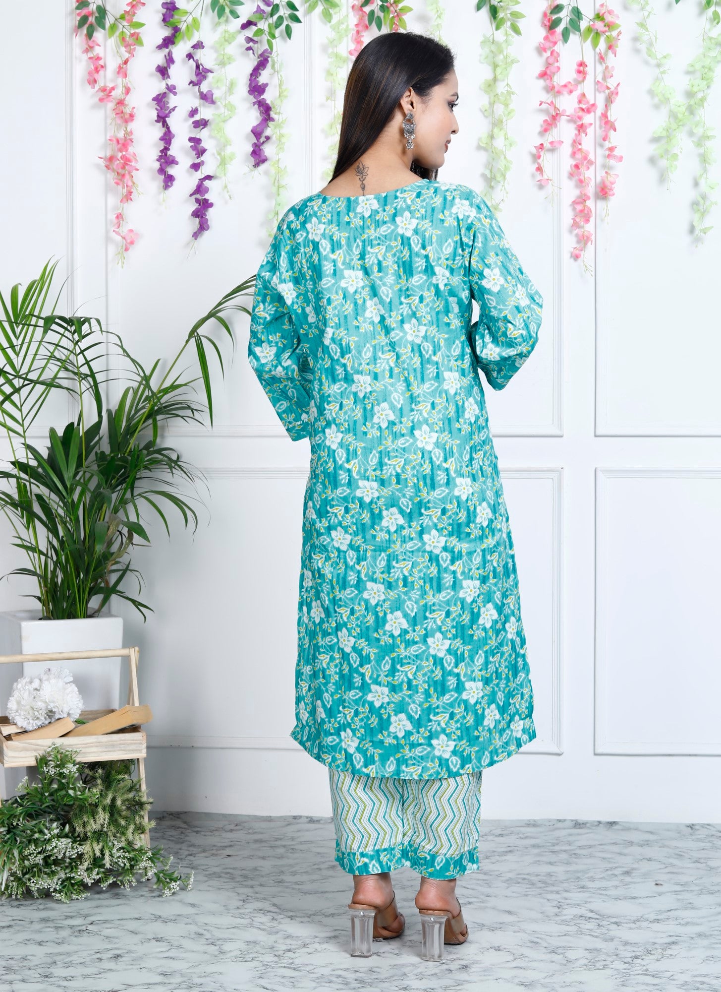 Turquoise Cotton Printed Embroidered Kurta Pant Set with Dupatta