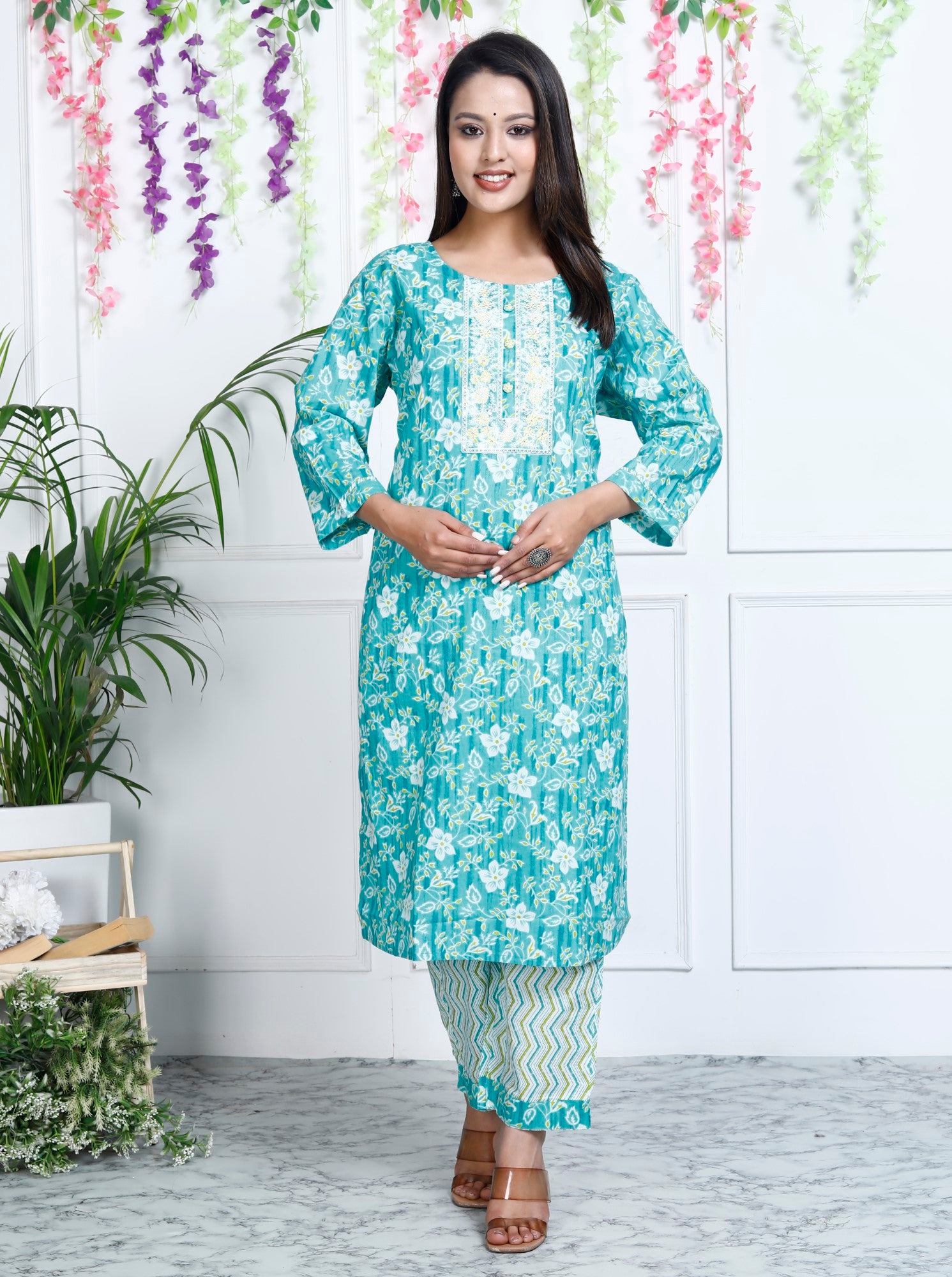 Turquoise Cotton Printed Embroidered Kurta Pant Set with Dupatta