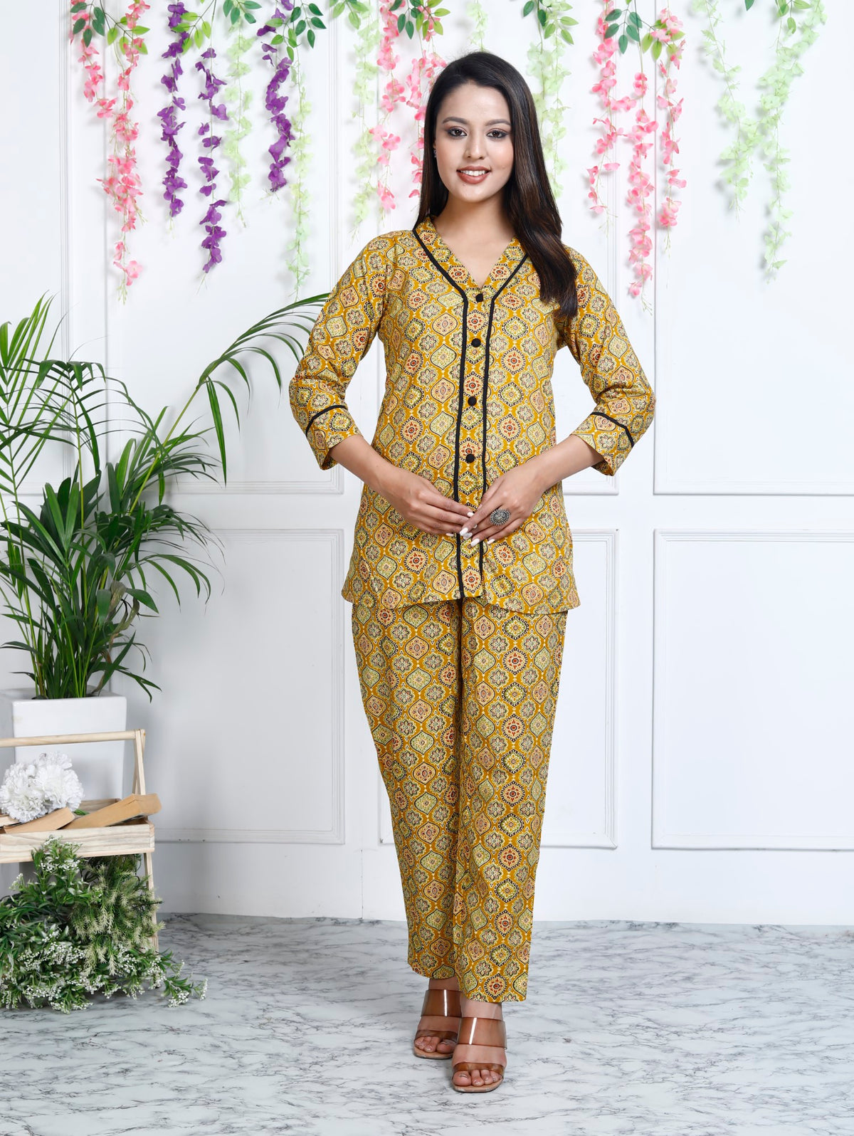 Brown Cotton Printed Night Wear