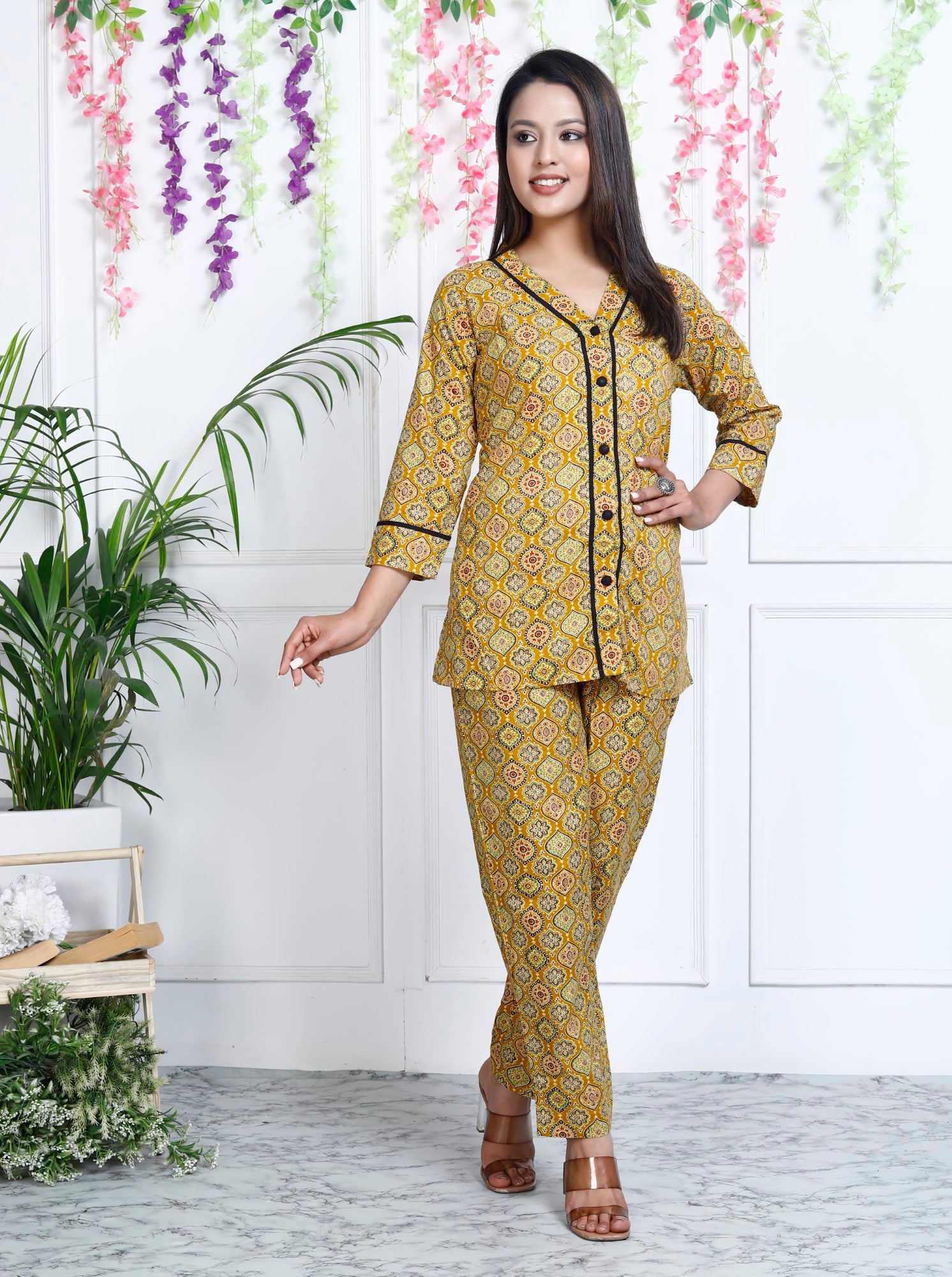 Brown Cotton Printed Night Wear