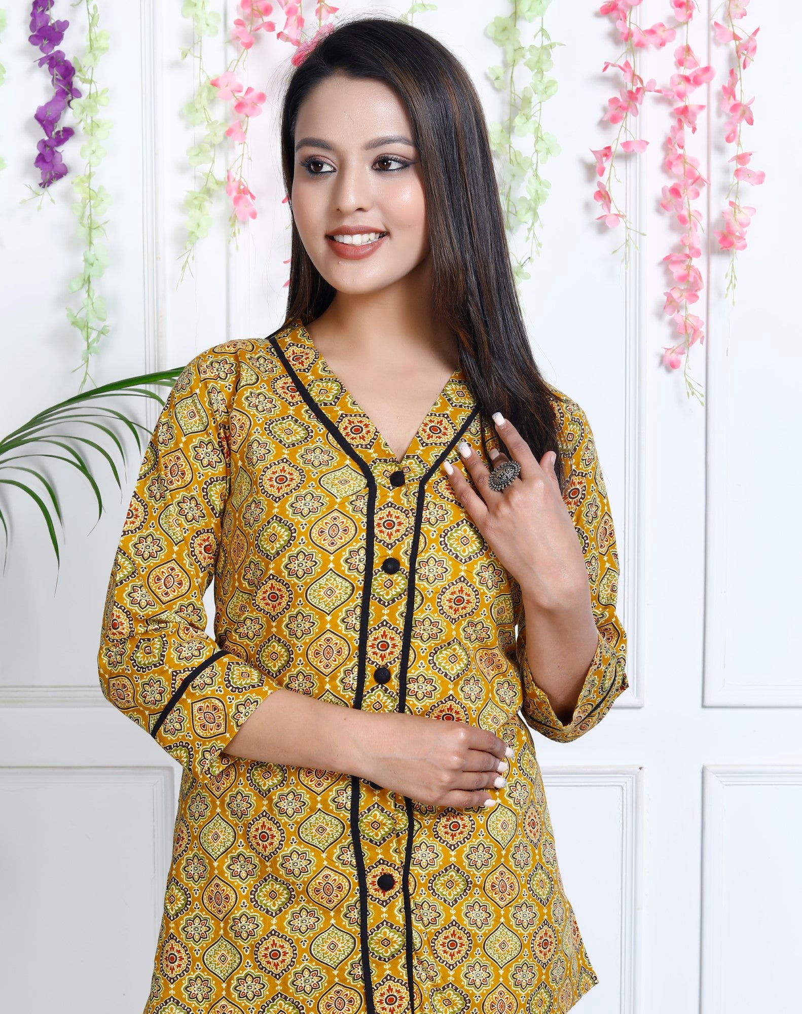 Brown Cotton Printed Night Wear