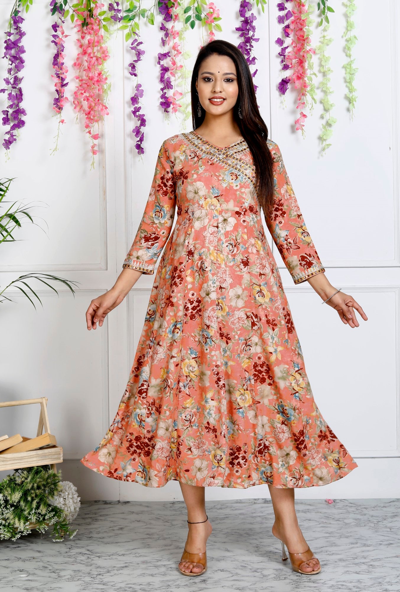 Peach Muslin Floral Printed Anarkali Kurta -1106