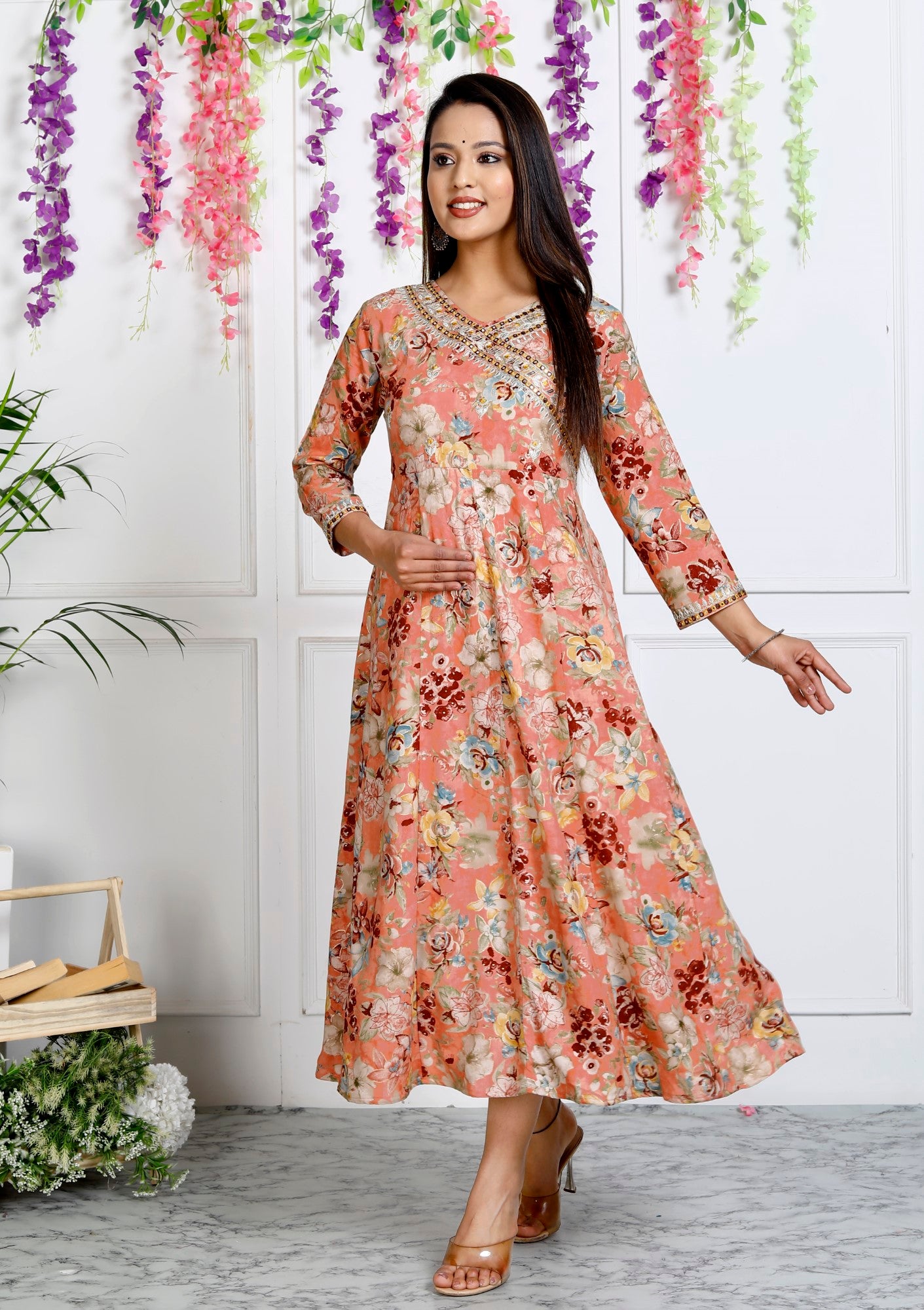 Peach Muslin Floral Printed Anarkali Kurta -1106