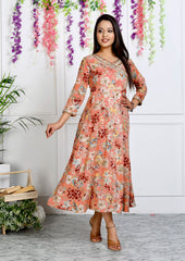 Peach Muslin Floral Printed Anarkali Kurta -1106