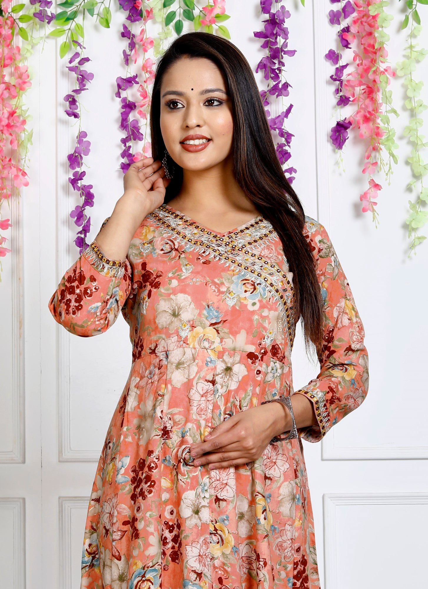 Peach Muslin Floral Printed Anarkali Kurta -1106