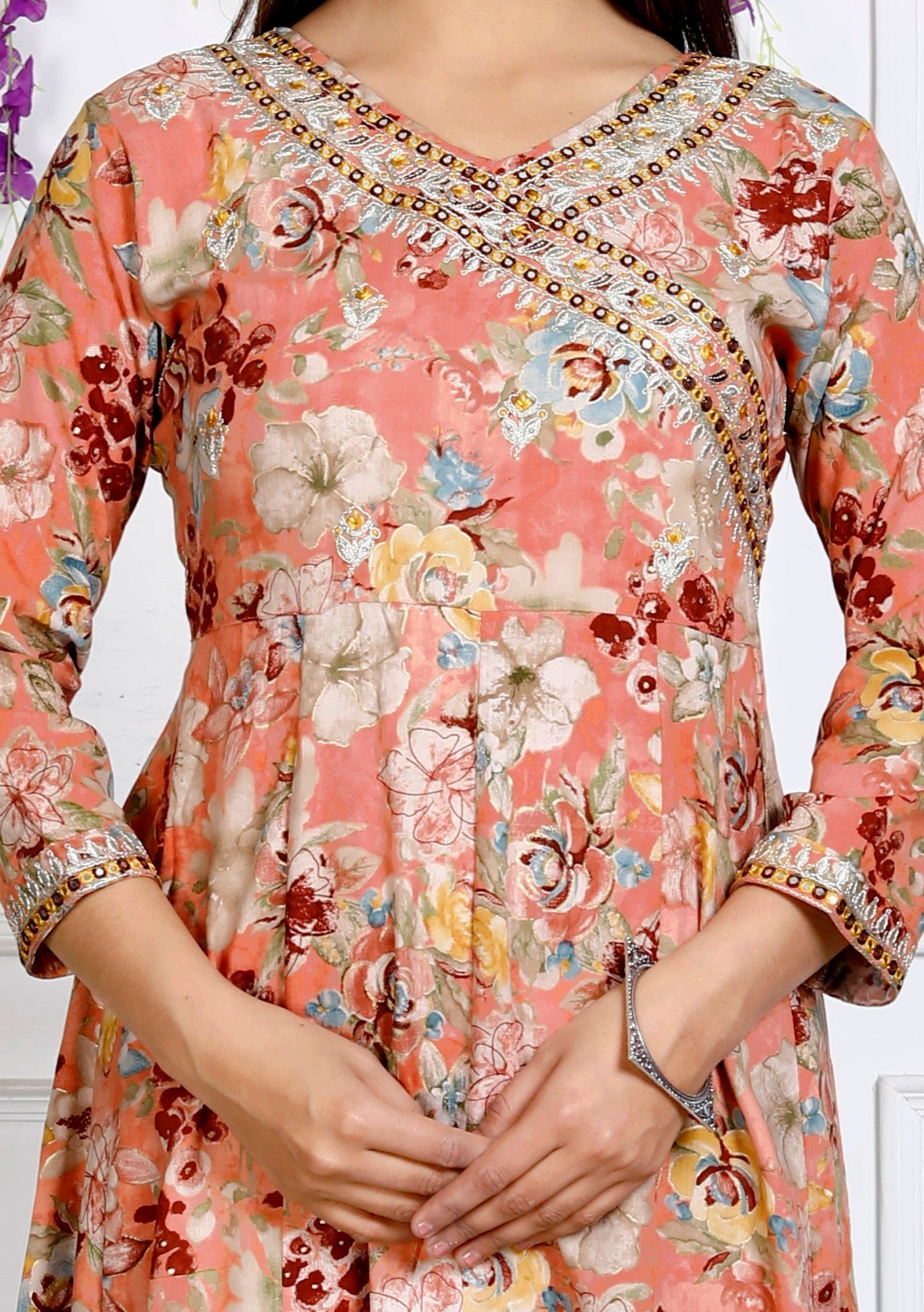 Peach Muslin Floral Printed Anarkali Kurta -1106