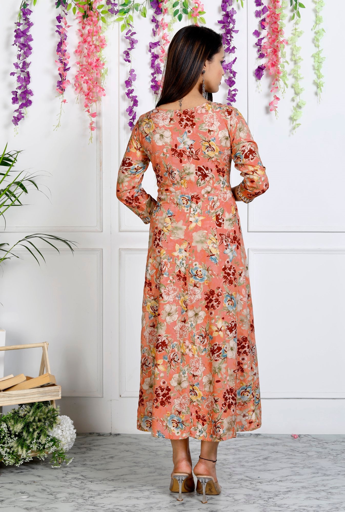 Peach Muslin Floral Printed Anarkali Kurta -1106