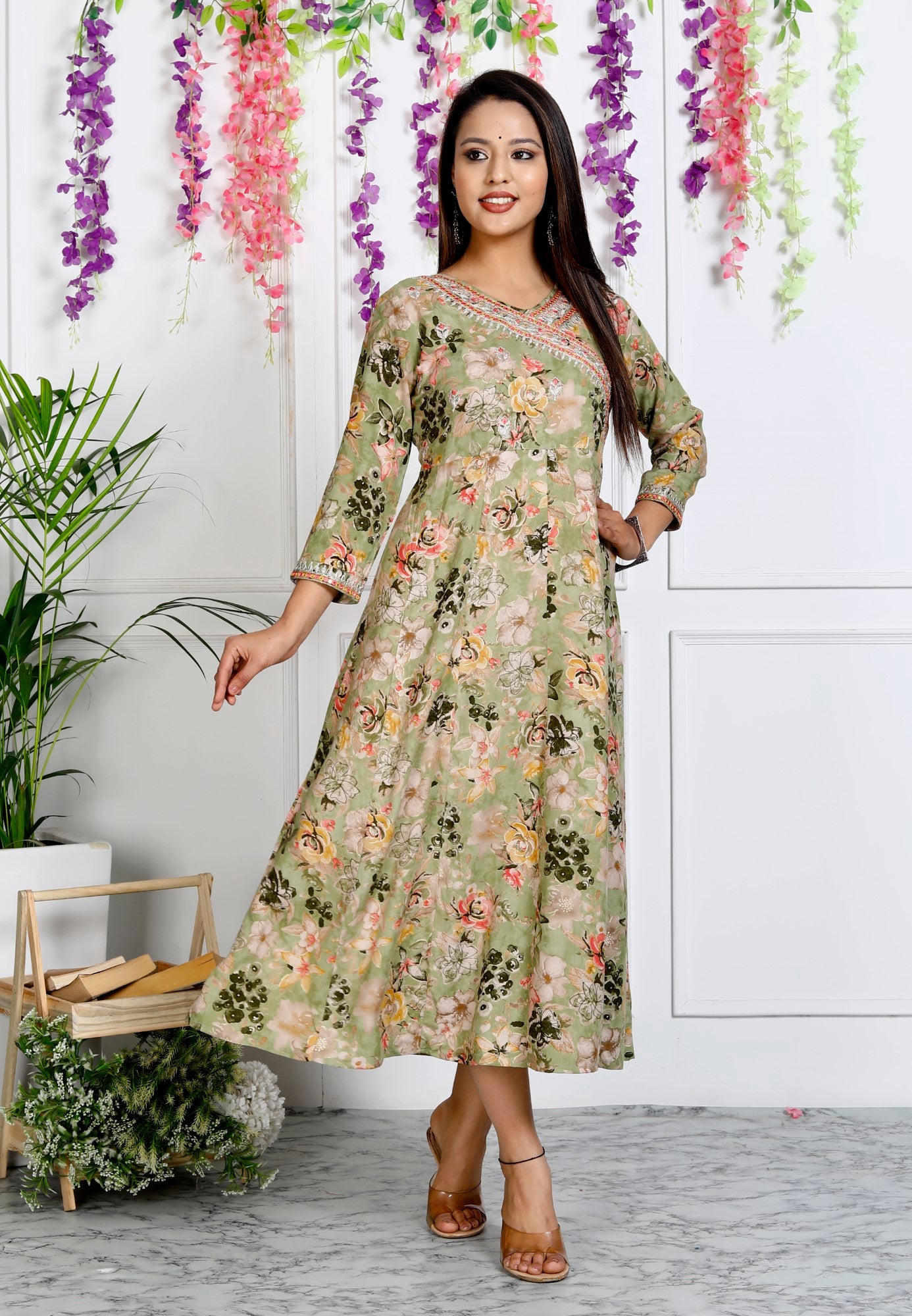 Green Muslin Floral Printed Anarkali Kurta -1106