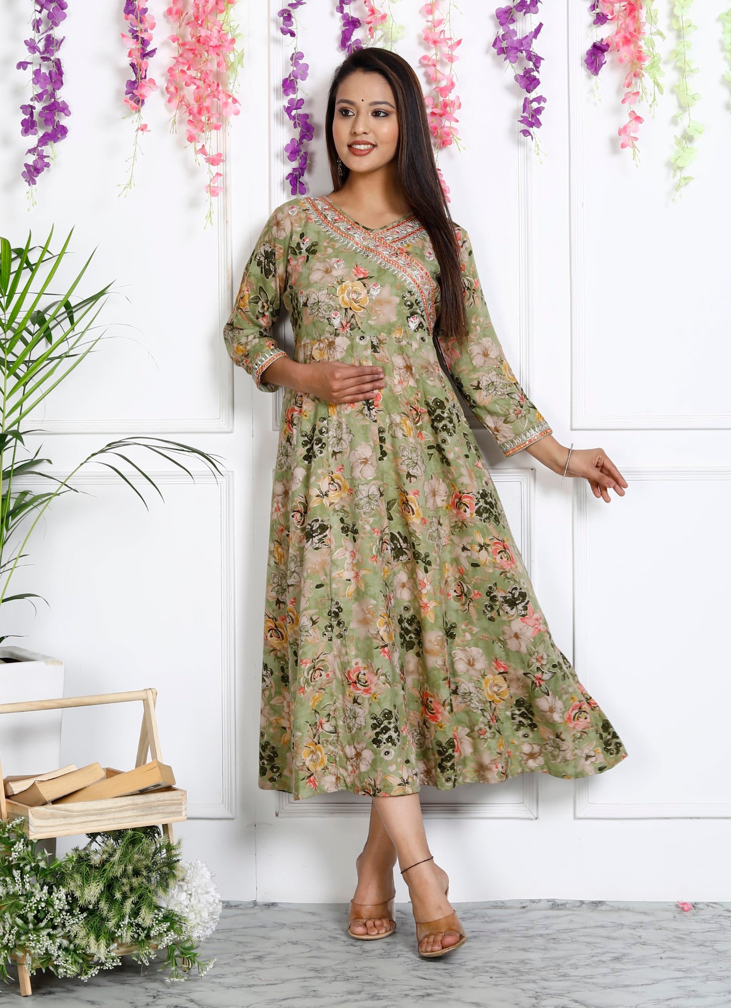 Green Muslin Floral Printed Anarkali Kurta -1106