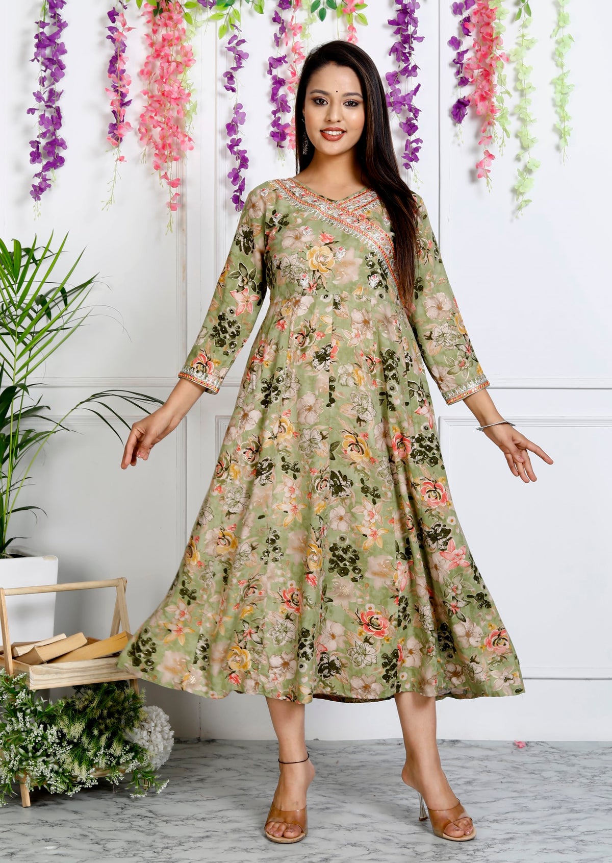 Green Muslin Floral Printed Anarkali Kurta -1106