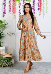 Beige Muslin Floral Printed Anarkali Kurta -1106