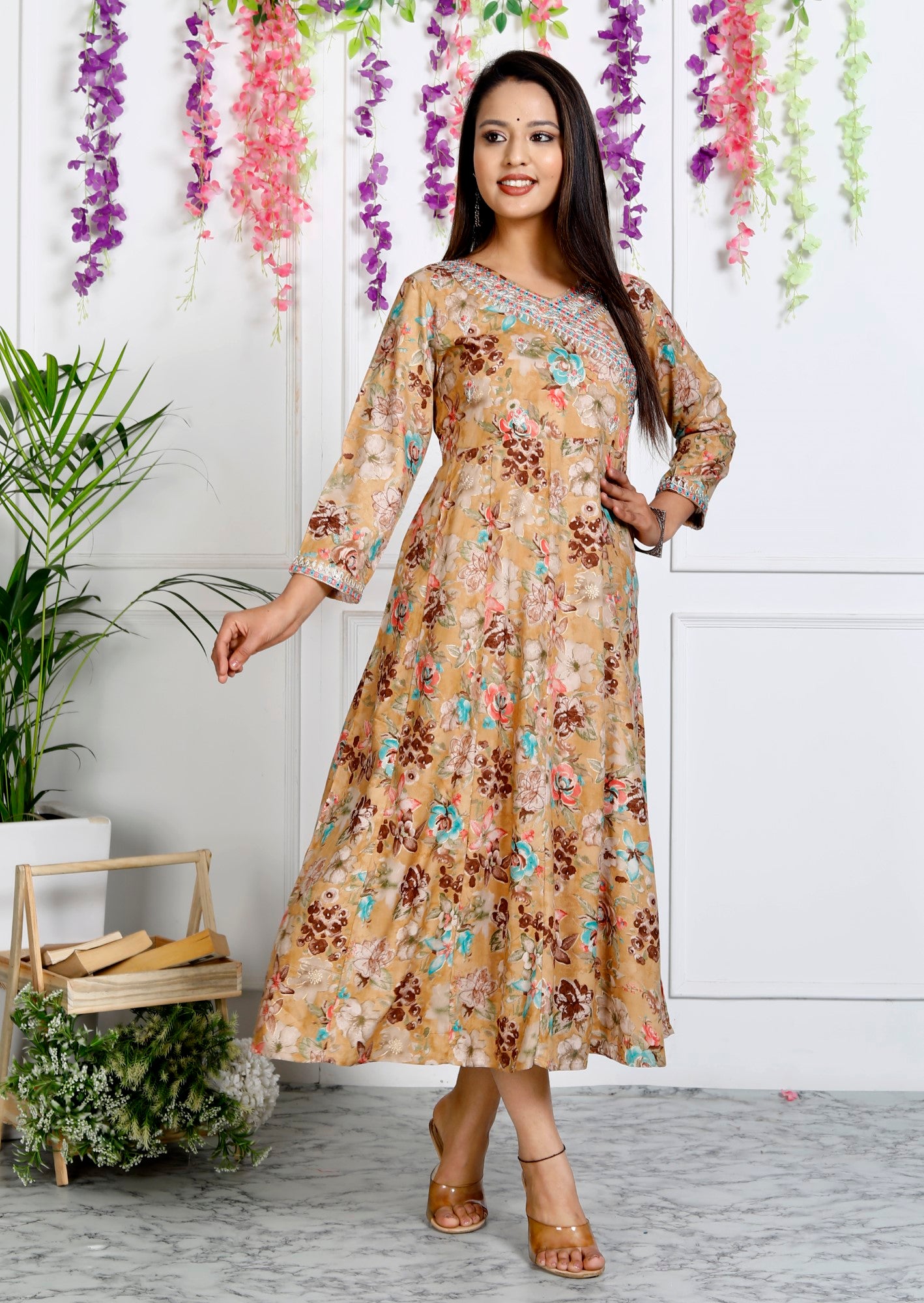 Beige Muslin Floral Printed Anarkali Kurta -1106