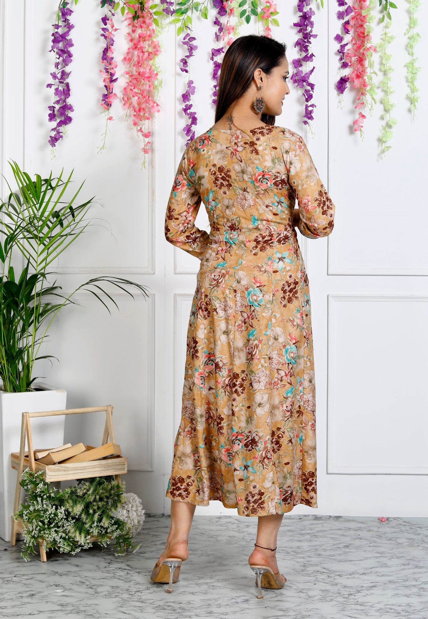 Beige Muslin Floral Printed Anarkali Kurta -1106