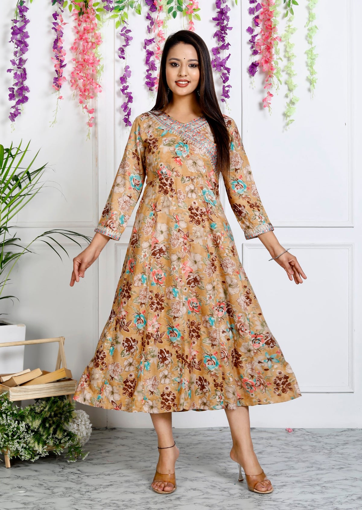 Beige Muslin Floral Printed Anarkali Kurta -1106