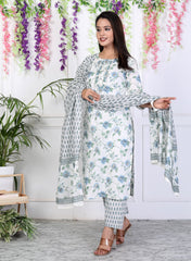 White Cotton Printed Embroidered Kurta Pant Set with Dupatta-1028