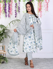 White Cotton Printed Embroidered Kurta Pant Set with Dupatta-1028