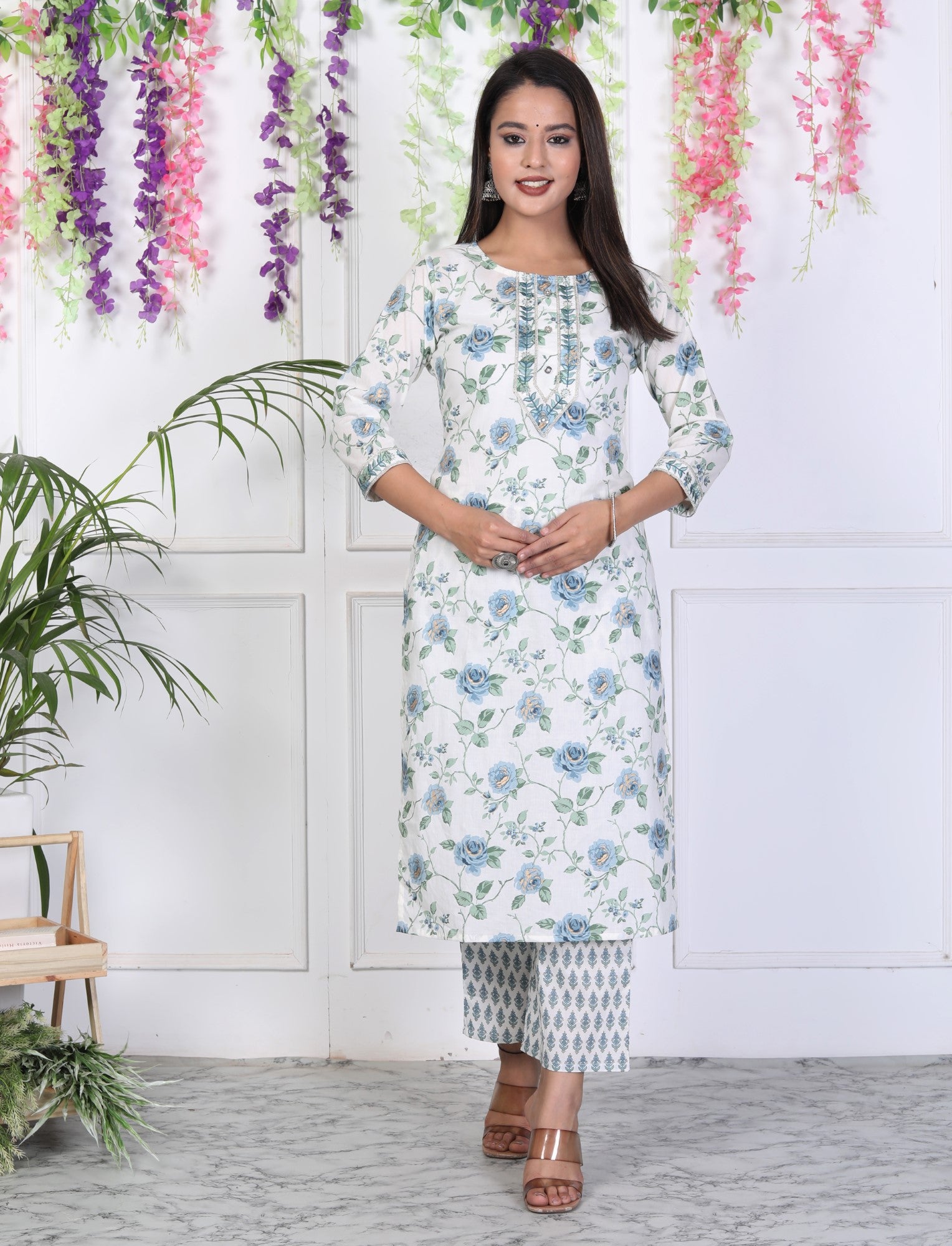 White Cotton Printed Embroidered Kurta Pant Set with Dupatta-1028