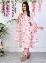 Pink Cotton Printed Embroidered Kurta Pant Set with Dupatta