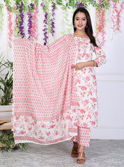 Pink Cotton Printed Embroidered Kurta Pant Set with Dupatta