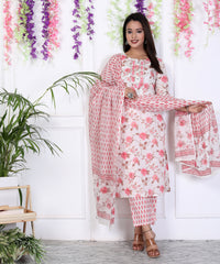 Pink Cotton Printed Embroidered Kurta Pant Set with Dupatta