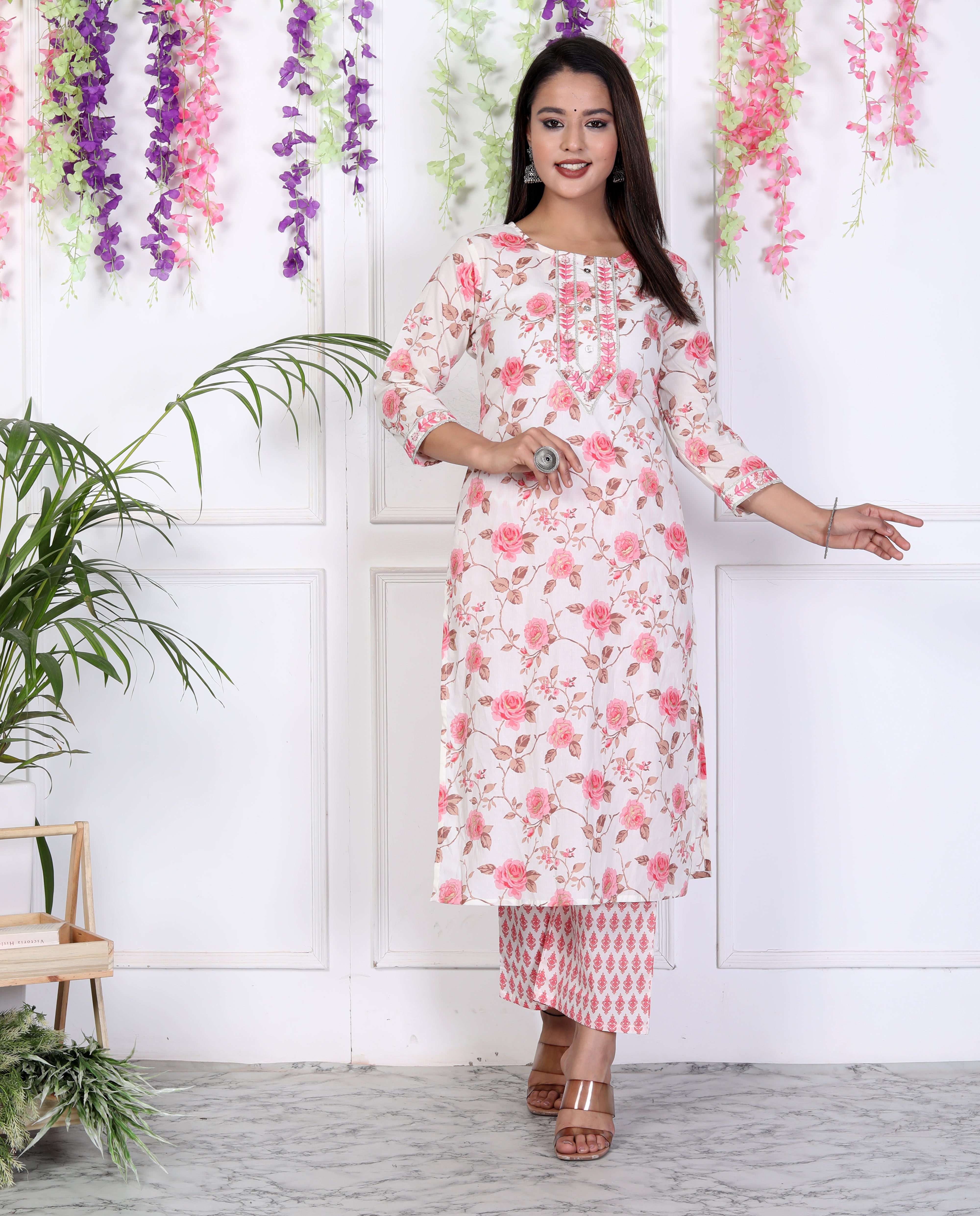 Pink Cotton Printed Embroidered Kurta Pant Set with Dupatta