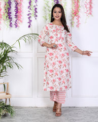 Pink Cotton Printed Embroidered Kurta Pant Set with Dupatta