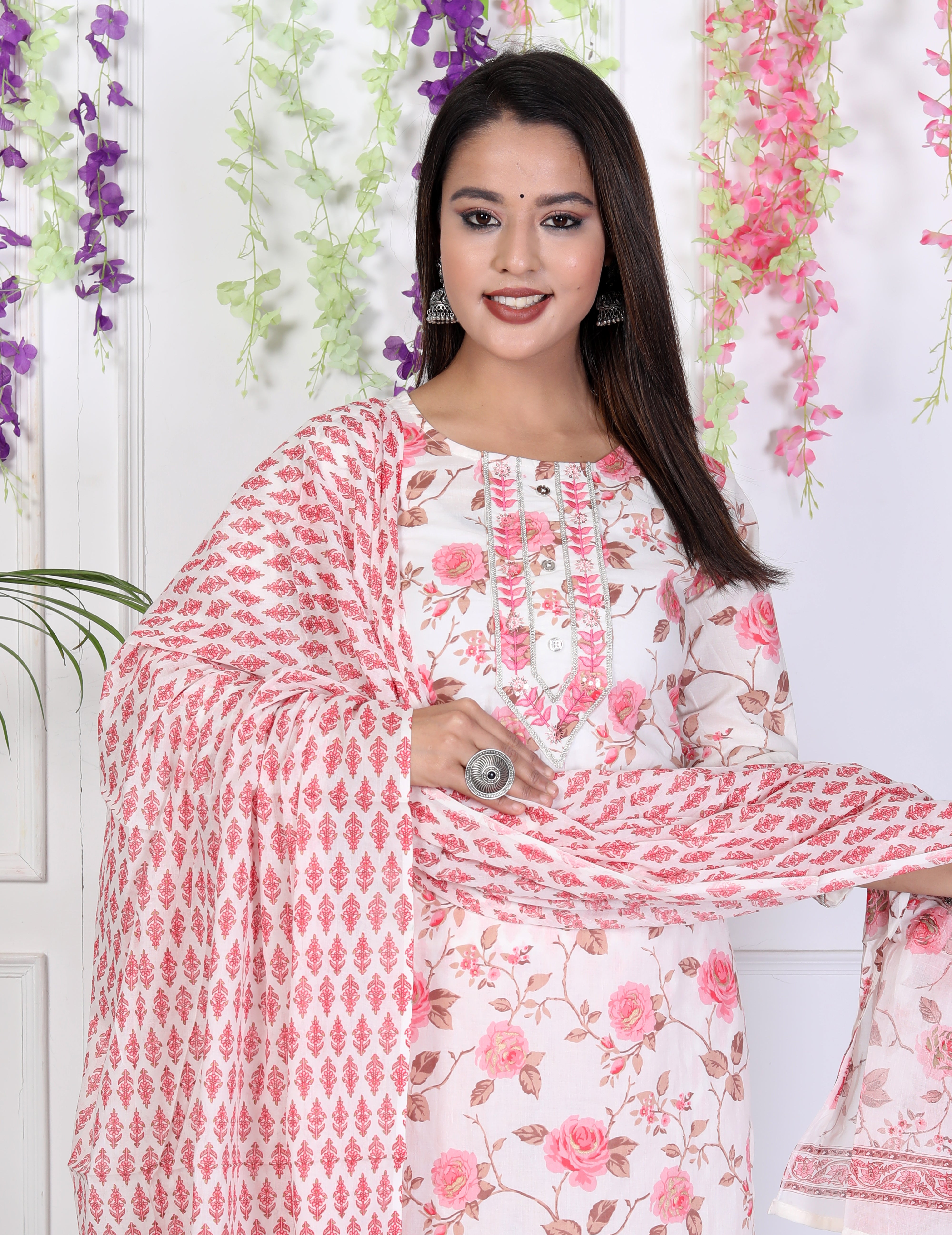 Pink Cotton Printed Embroidered Kurta Pant Set with Dupatta