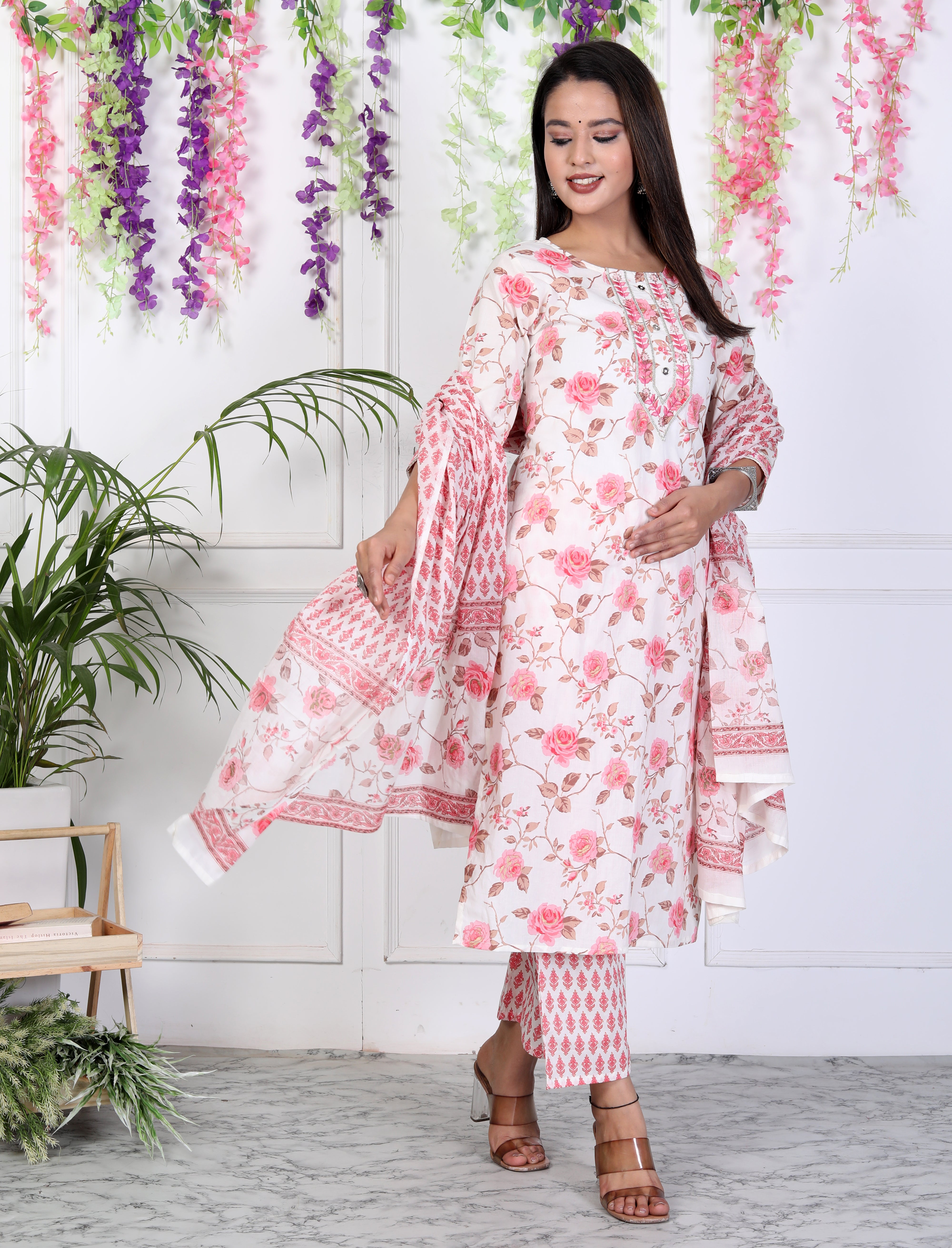 Pink Cotton Printed Embroidered Kurta Pant Set with Dupatta