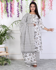 White Cotton Printed Embroidered Kurta Pant Set with Dupatta