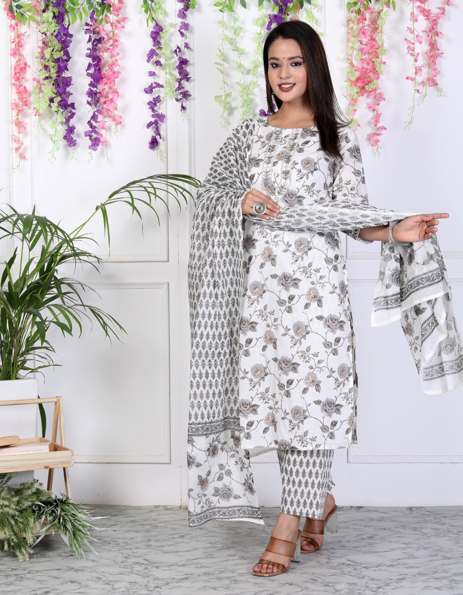 White Cotton Printed Embroidered Kurta Pant Set with Dupatta