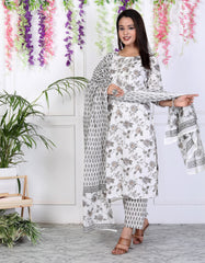 White Cotton Printed Embroidered Kurta Pant Set with Dupatta