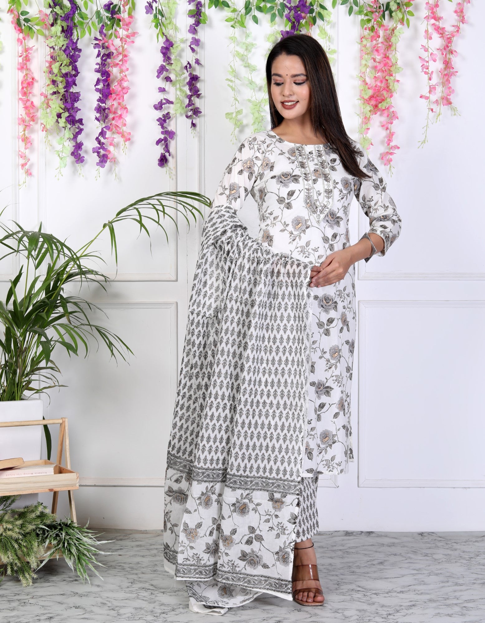 White Cotton Printed Embroidered Kurta Pant Set with Dupatta